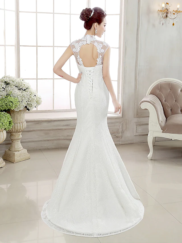Luolandi Wedding Dresses High Neck Lace Cap Sleeve Sexy Illusion Detail Backless with Beading